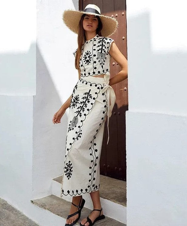 Maria - Conjunto estampado de top sem mangas e saia fluida