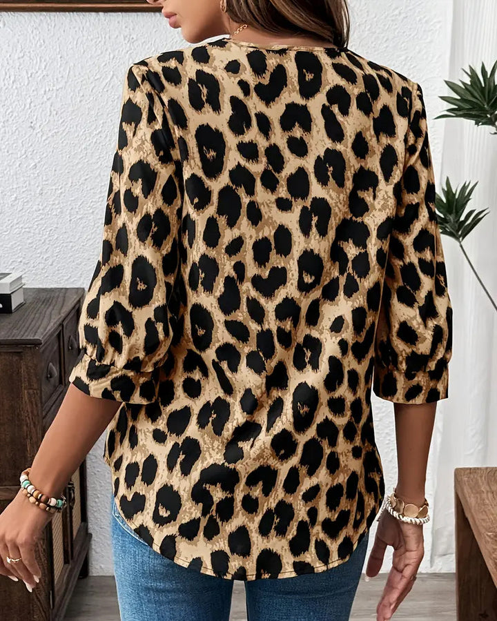 Savelle - Blusa de Leopardo de Manga Curta e Larga