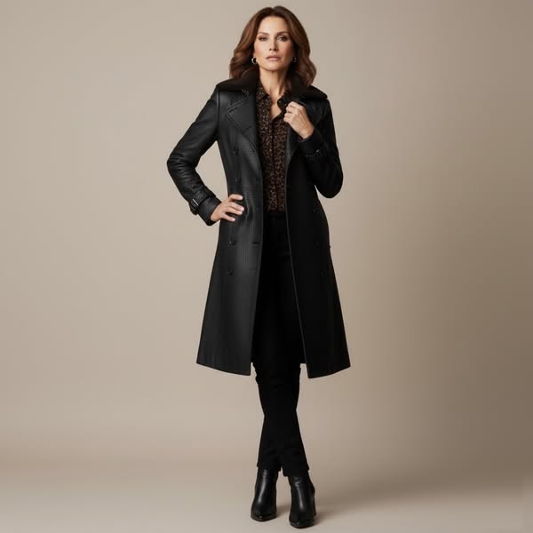 Casaco longo em couro Emma – Elegância e Sofisticação Atemporal