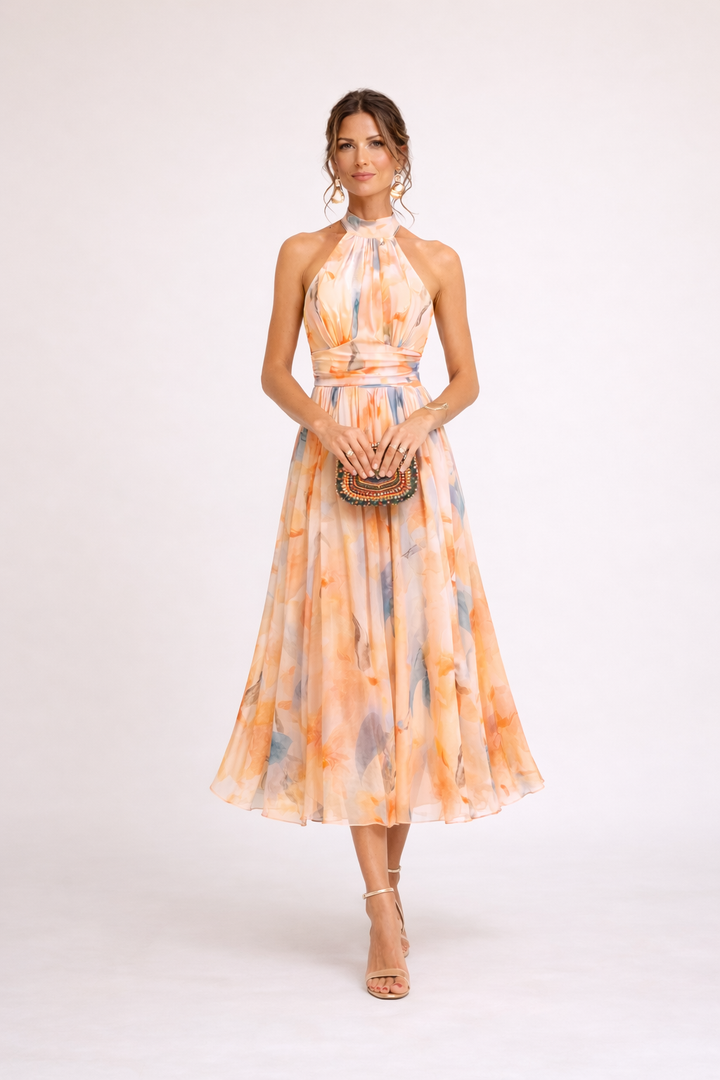 CAMILLE – Vestido Halter Aquarela ✨