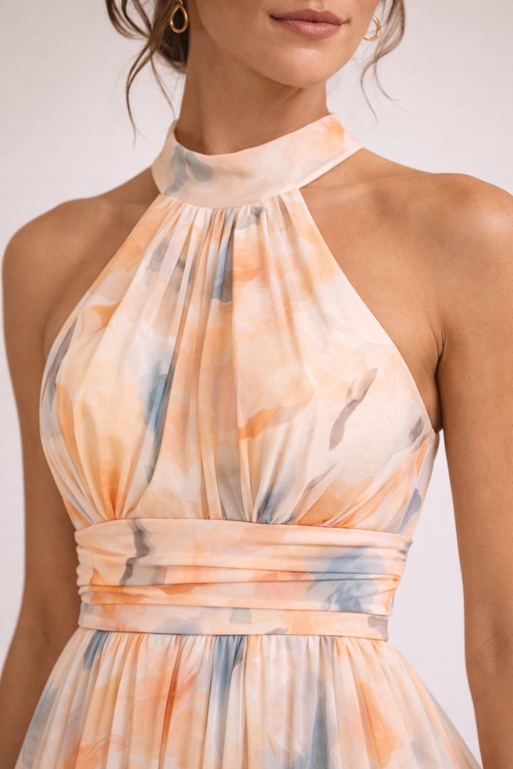 CAMILLE – Vestido Halter Aquarela ✨