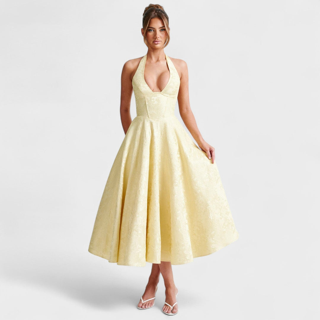 Halina - Vestido midi com espartilho e folhos