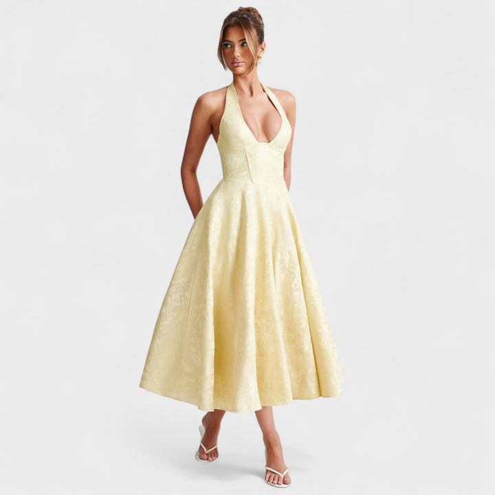 Halina - Vestido midi com espartilho e folhos