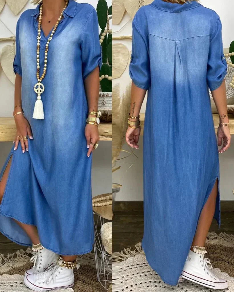 Ibiza | Vestido Maxi De Ganga Com Detalhes Modernos