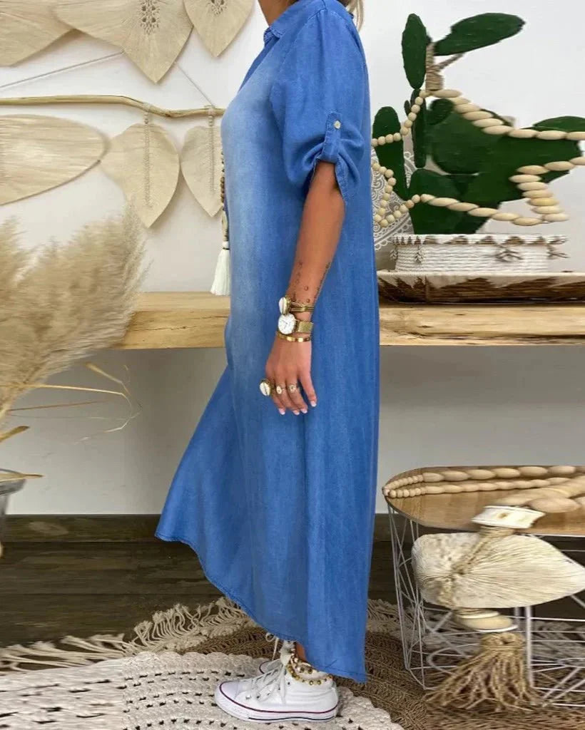 Ibiza | Vestido Maxi De Ganga Com Detalhes Modernos