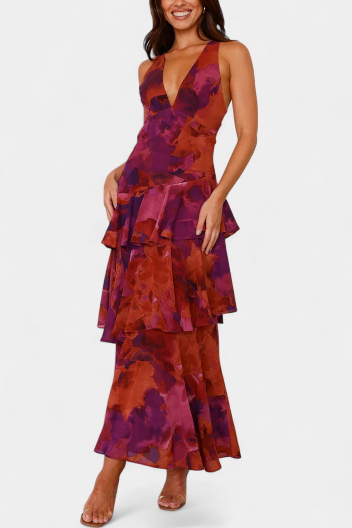 Domenica - Vestido de chiffon com decote em V e camadas fluidas