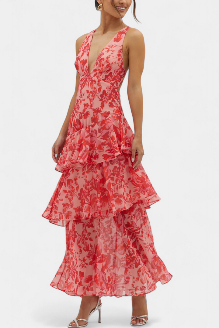 Domenica - Vestido de chiffon com decote em V e camadas fluidas