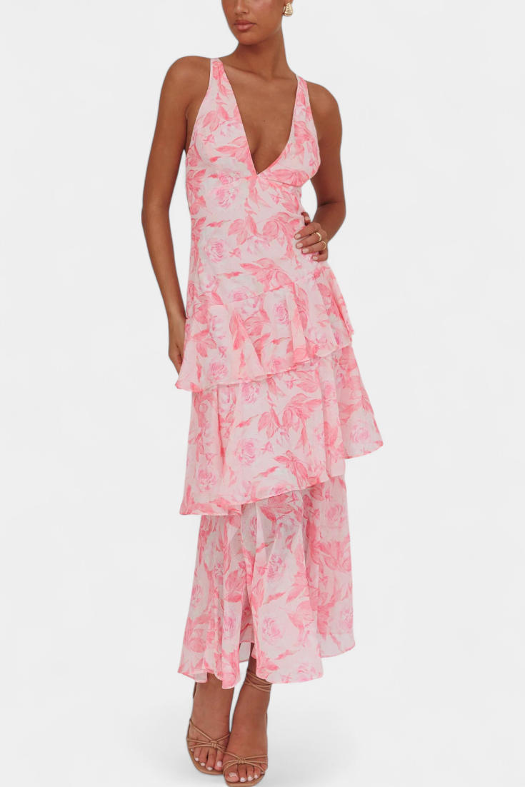 Domenica - Vestido de chiffon com decote em V e camadas fluidas