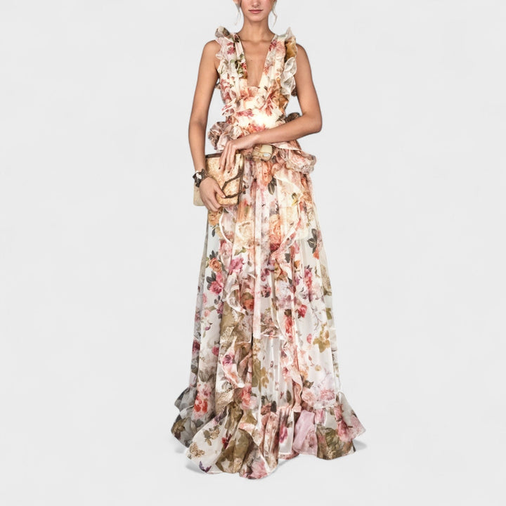 Isabela - Vestido comprido com folhos florais