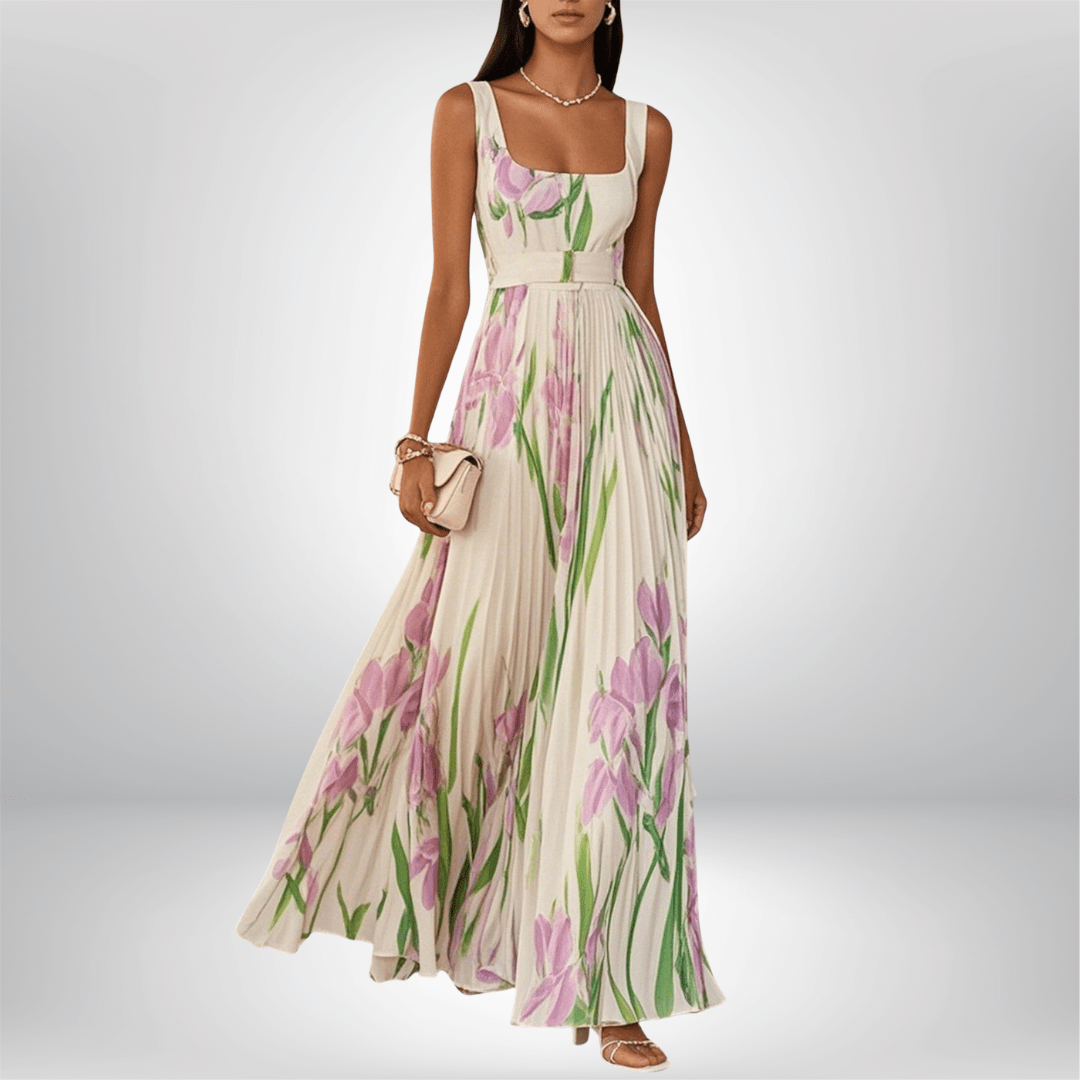 Penelope™ | Vestido Maxi em Chiffon com Flores Dobradas