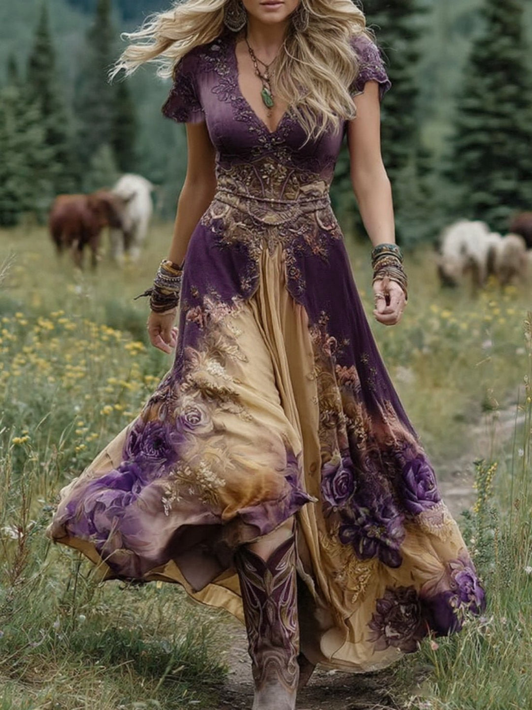 Serena™ | Vestido Maxi Curto Floral Lavanda com Toque Sofisticado