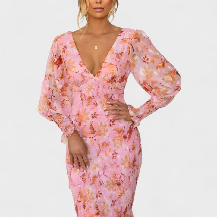 Valeria - Vestido Midi em Chiffon Floral