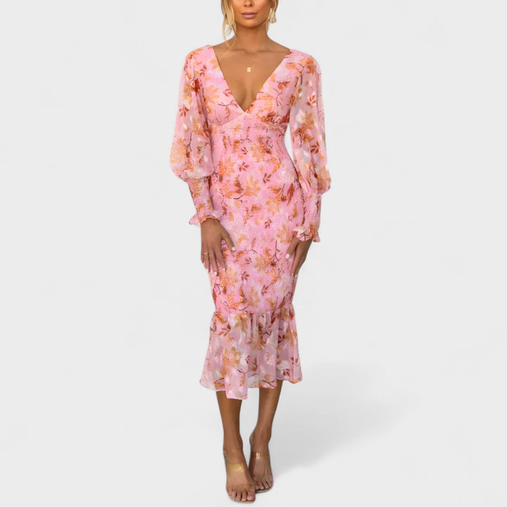Valeria - Vestido Midi em Chiffon Floral