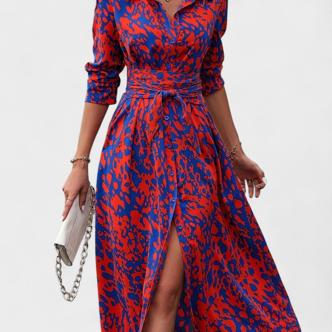 Vestido Bianca – Estilo Animal Print Azul e Vermelho