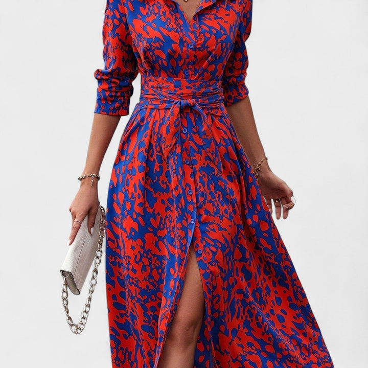 Vestido Bianca – Estilo Animal Print Azul e Vermelho