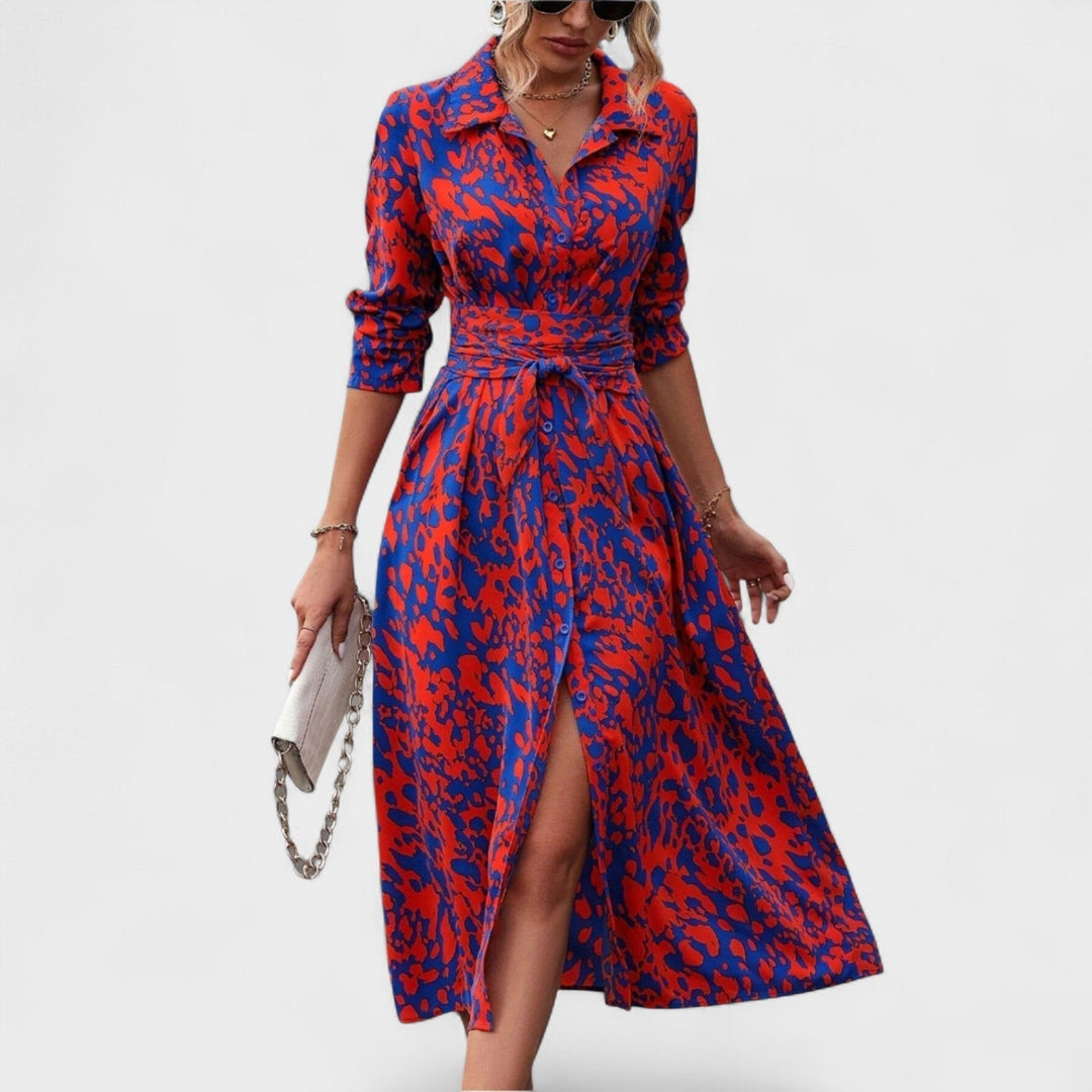Vestido Bianca – Estilo Animal Print Azul e Vermelho